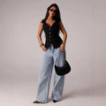 Fashionjeans women's snowflake washed loose pants retro light blue high waist lazy style loose drape denim pants
