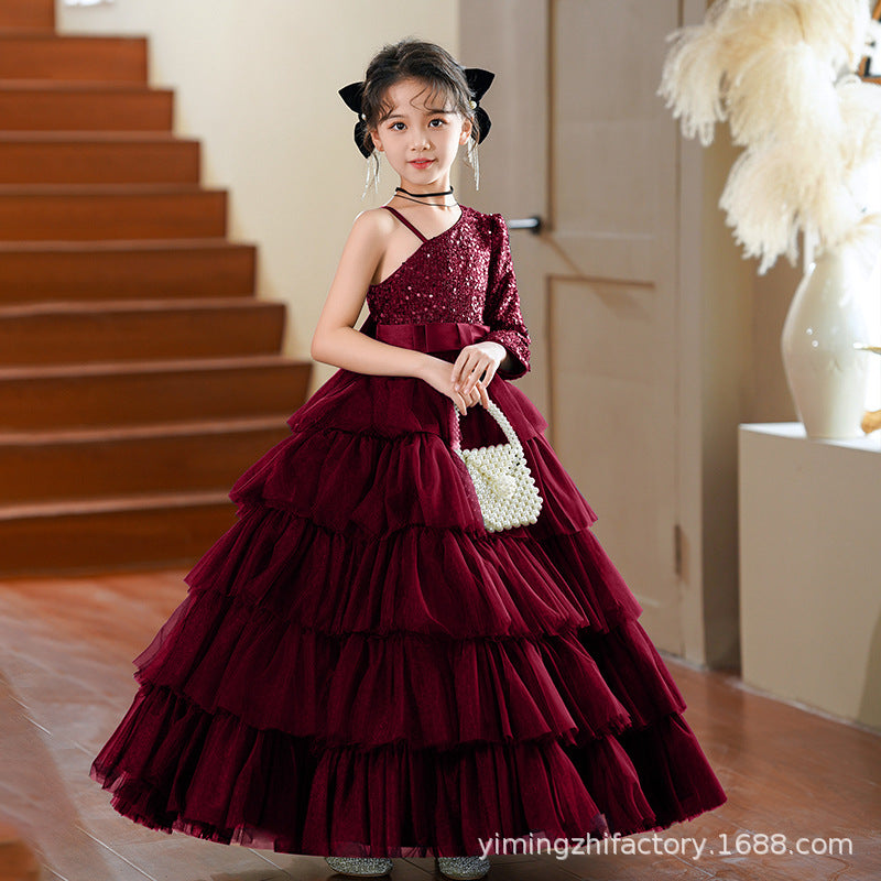 Custom european and american children's formal dress tulle cake princess dress off-the-shoulder girl's dress for piano performance