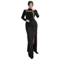 C7297 cross-border   fashion women's sexy slim-fit slit rhinestone chain long sleeve dress