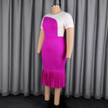 Trendy new slimming high-waisted short-sleeve dress - rose red color block, cinched waist belt, fishtail skirt dresses
