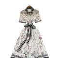 European fashionable printing dress women's  summer light mature style straps waist lapel short sleeve single breasted long skirt