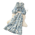 French romantic floral print two-piece set for women - autumn collection, high-end v-neck, cinched waist, mesh midi skirt outfit