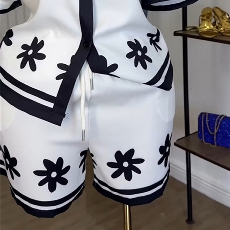 European and american cross-border women's fashion:  summer new collection - stylish lapel color block print shirt & wide leg shorts casual set