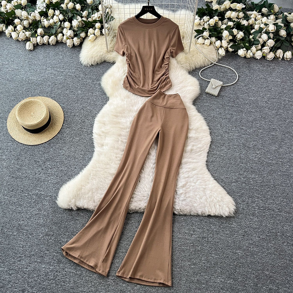 Fashionsuit women's summer sense of design pleatedsilm round neck short sleeve t-shirt tops high waist hip yoga pants