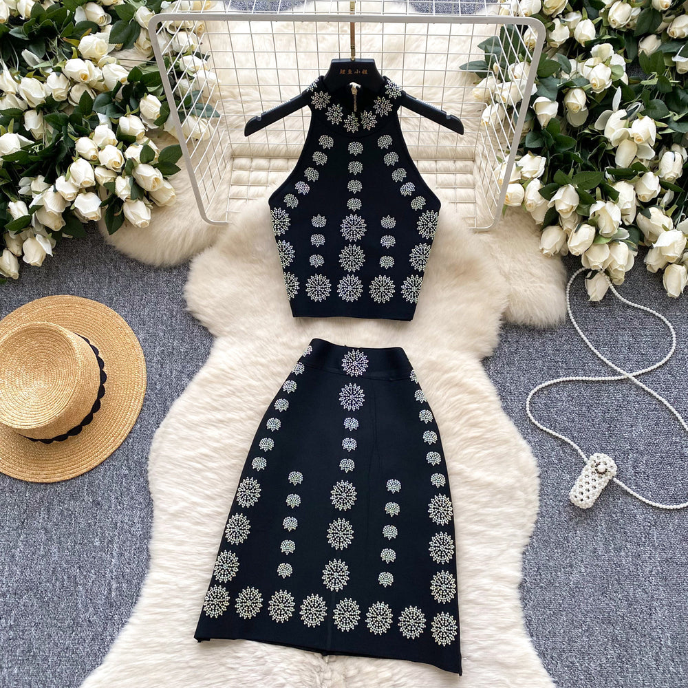 Xiaoxiangfengclassy heavy industry hot diamond halter sleeveless vest women's high waistslimming looka-line skirtsummersuit