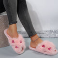 Premium flat fuzzy slippers for women, autumn/winter 2024 new collection, heart-shaped rhinestone embellished plush cotton house slippers