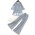 Lazy style stripesshirtloose pantstwo-piece set female summer lapel casualcasualelegantsuitsense of design