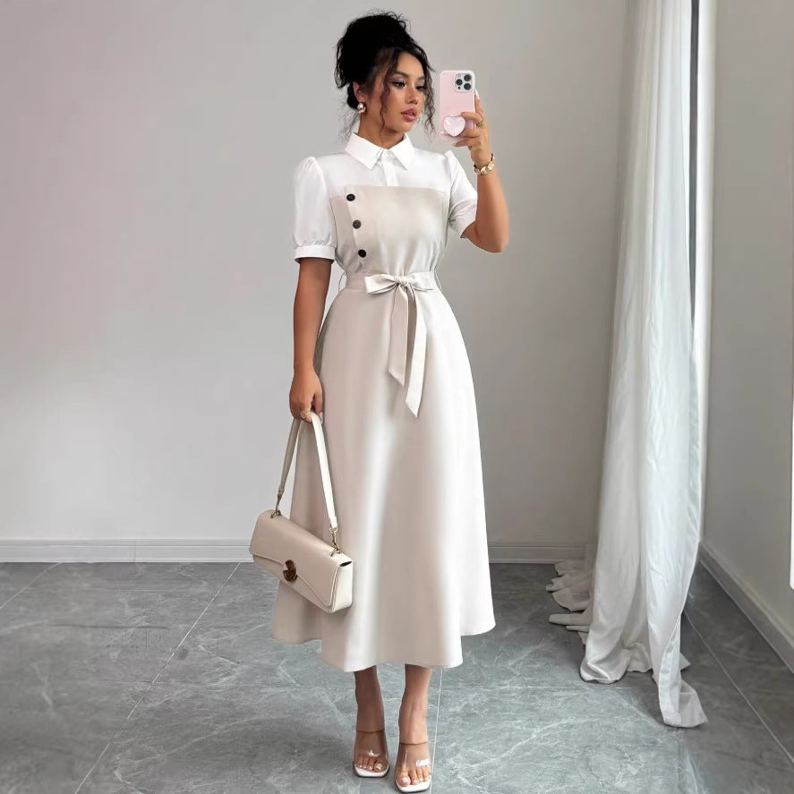 new european and american cross-border fashion: french chic white fitted waist dress