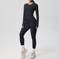 Ready-to-ship cross-border double-sided brushed solid color compression training long sleeve yoga set - activewear running fitness two-piece outfit