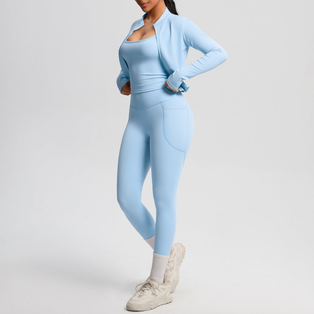 Fashion cross-border new cloud-sensing brushed sports vest flap pocket pantscasual hip-lifting fitness yoga wear three-piece set