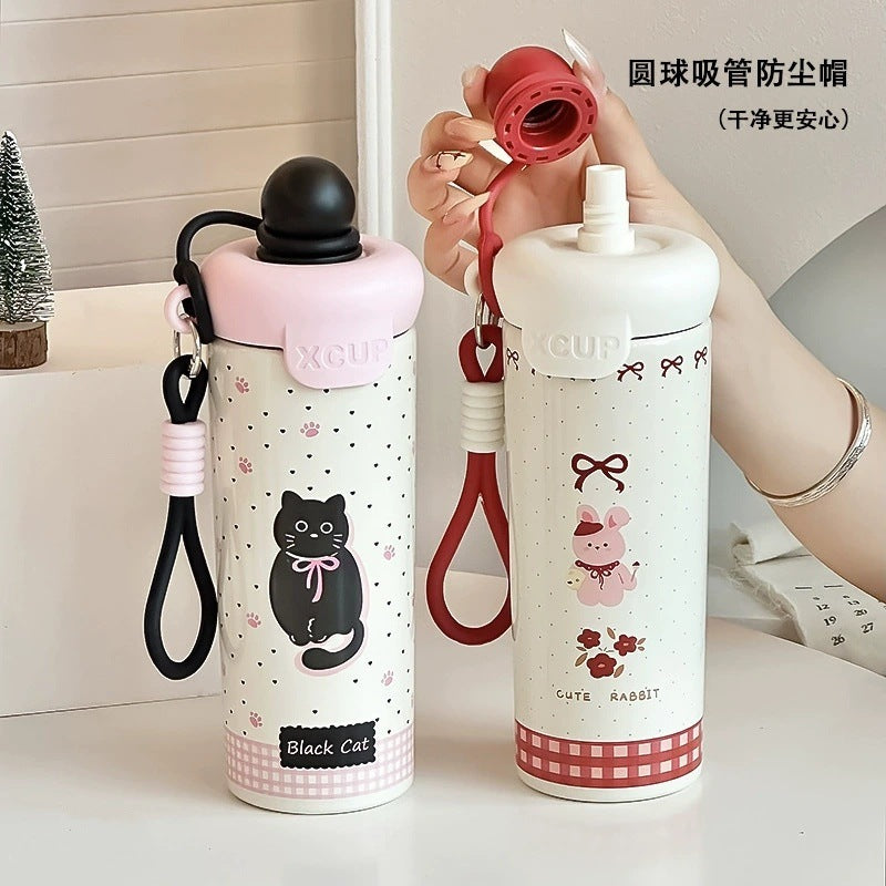 New arrival cartoon floating ball thermos cup student high-looking straw thermos cup female portable 316 stainless steel cup wholesale