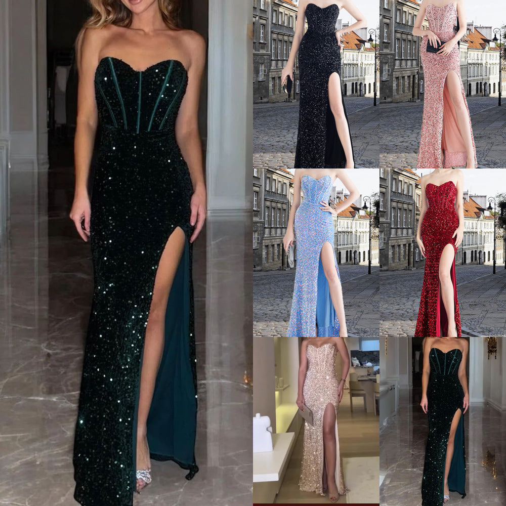 spring collection: new cross-border export product - iridescent sequin back tie-up bustier style side slit bandeau fishbone evening gown