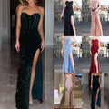 spring collection: new cross-border export product - iridescent sequin back tie-up bustier style side slit bandeau fishbone evening gown