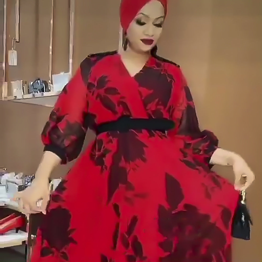 African plus size fashion print chiffon maxi dress with belt - new  collection for  &