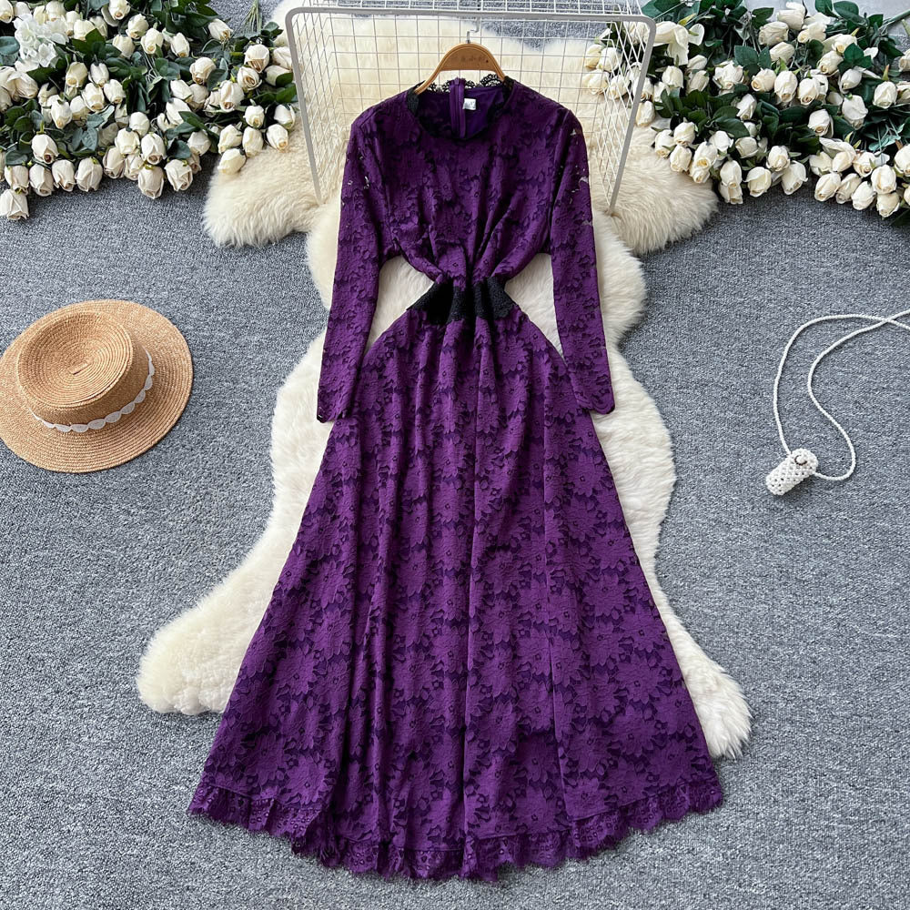 French chic, understated elegance: women's autumn  dress - high-end, slim-fit, figure-flattering, lace maxi dress