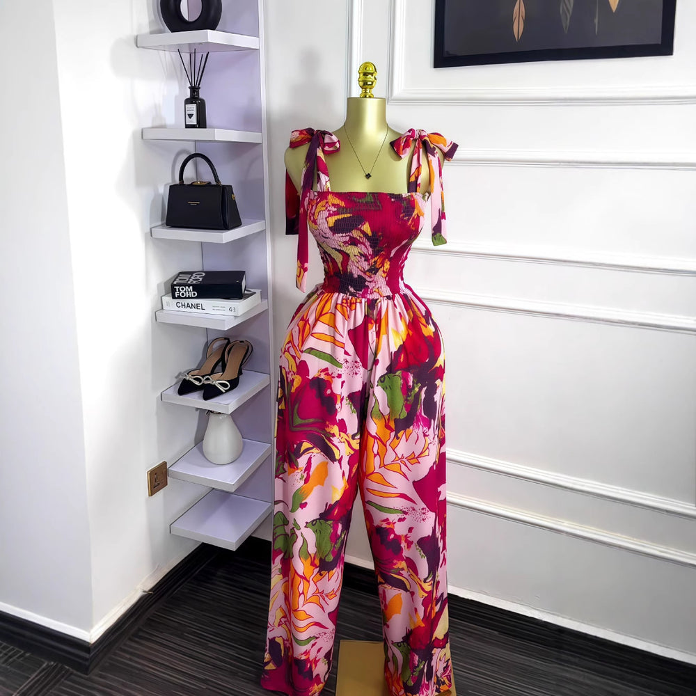 European and american cross-border women's summer  new sleeveless bow-tie bandeau waist-cinching long printed jumpsuit