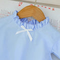 spring/summer new arrival: girls' ruffle-neck flutter sleeve top and denim skirt two-piece set with bow detail