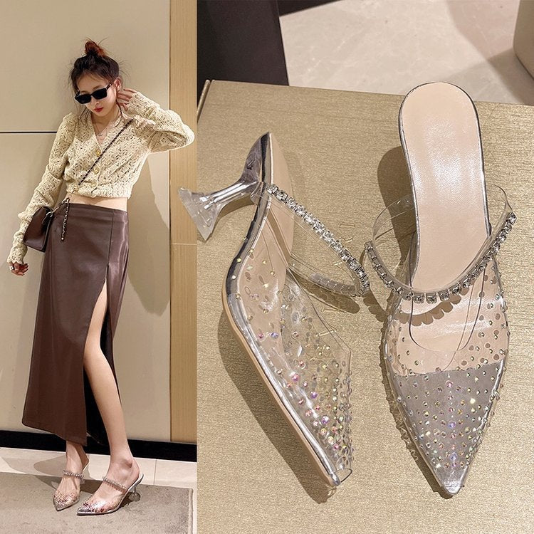 2023 summer fashion outer wear pointed rhinestone square buckle high heels fairy fairy wind transparent word with stiletto slippers