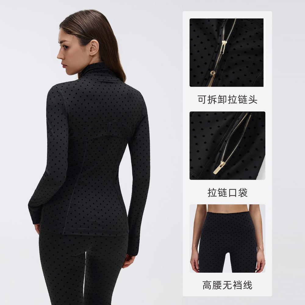 Big brand same style beautiful black polka dot yoga leggings women's stand collar jacket outwear silmslimming look sports suit