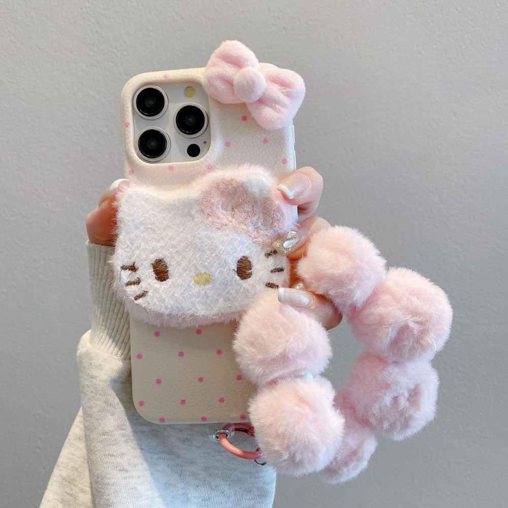 Leather texture apple 16 pro polka dot plush kt phone case iphone 13/15 anti-fall soft shell protective cover