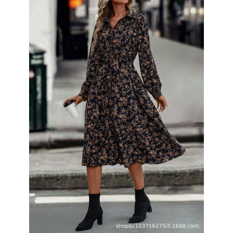 Women's  autumn new arrivals: women's v-neck floral mini dress with long sleeves and a-line asymmetrical placket