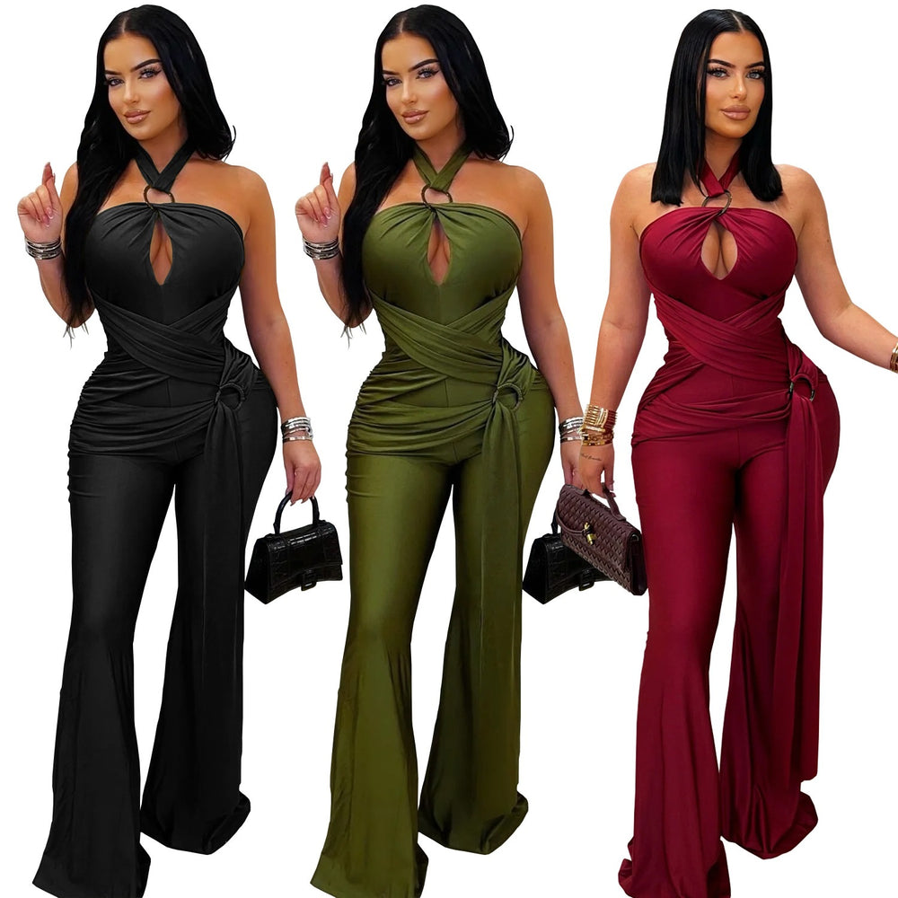C7570 cross-border   fashion women's solid color elegant halter wide leg sleeveless jumpsuit