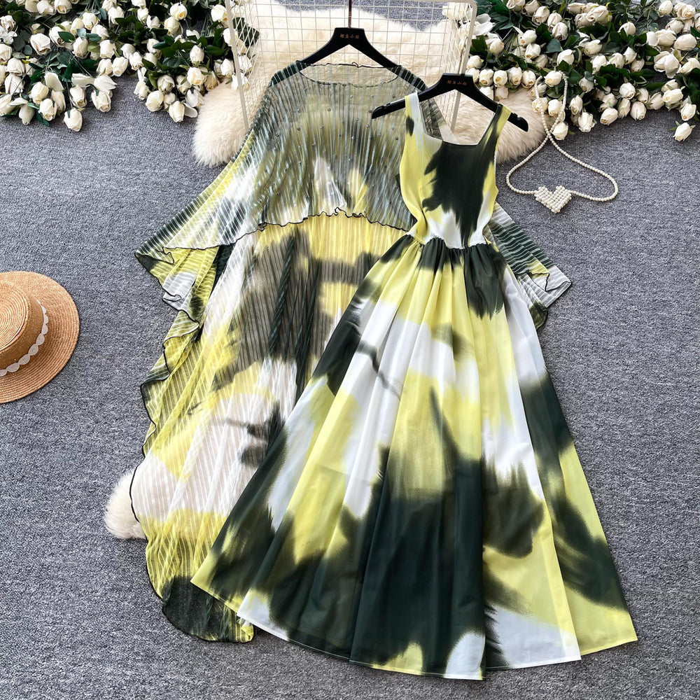French riviera style printed dress - women's three-quarter sleeve, slim-fit, two-piece summer set with beaded detailing - elegant & professional