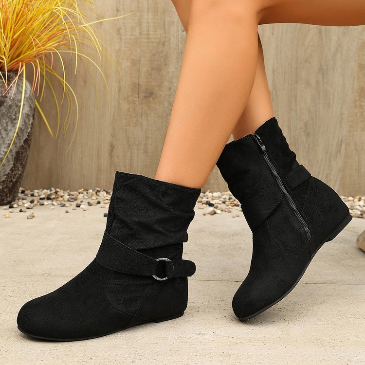 Exportretroboots cross-border plus size suede flats belt buckle women's short boots zipper round toe women's boots wholesale