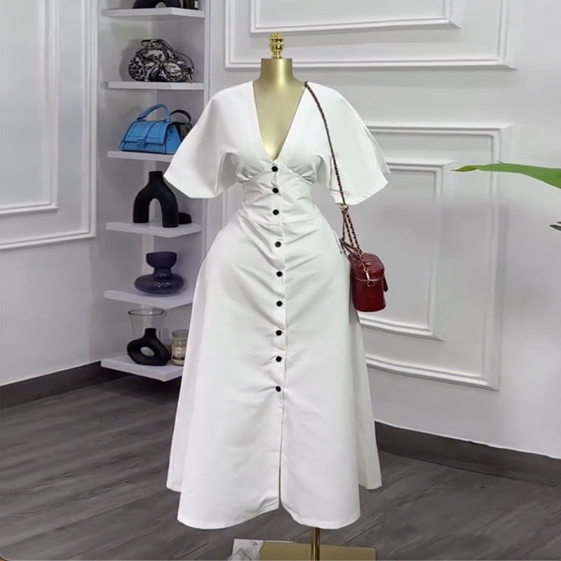 European and american cross-border women's fashion:  spring new arrival - stylish v-neck button-down waist-defining white short-sleeve midi dress