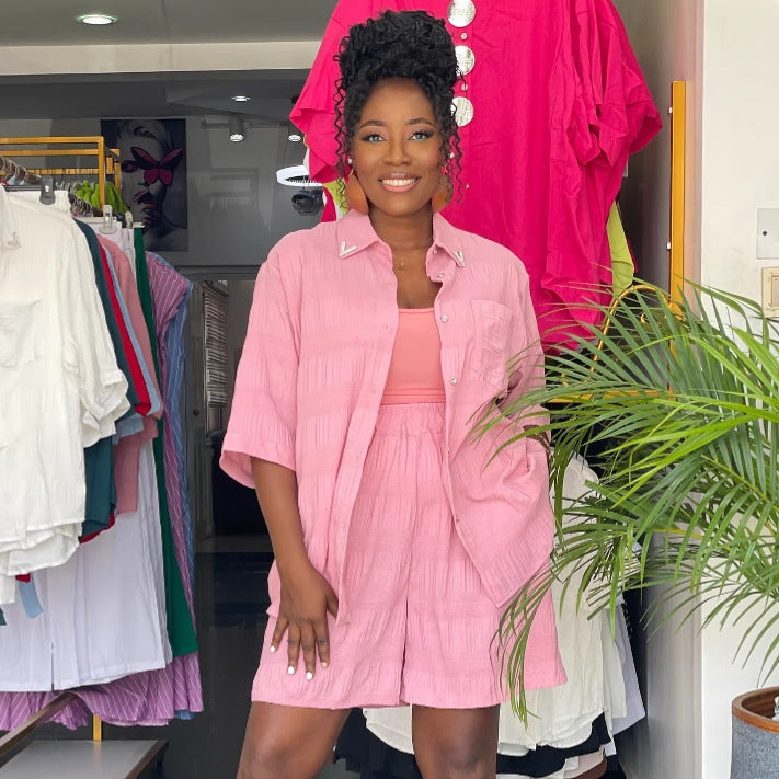 European and American large-size women's single-breasted cardigan shirt African high-waisted slim shorts fashionable solid color two-piece set women's tide