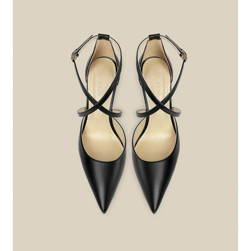 2025 summer new sexy pointed toe criss-cross strap pumps, low-cut closed-toe buckle hollow-out high heel sandals
