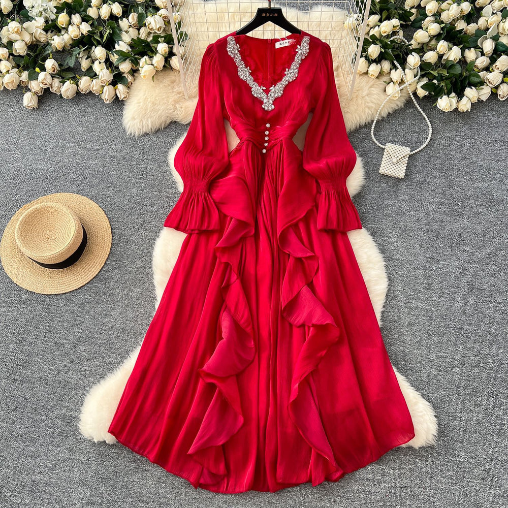 Frenchclassyelegancedress women's fashion heavy industry embroidered beads and diamonds v neck waist elegant palace style long skirt