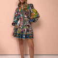 cross-border e-commerce european and american women's clothing: new summer collection - tie-waist printed turn-down collar long-sleeve pleated european and american style dress