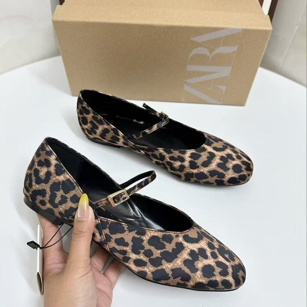 Za2025 new leopard print round toe flats women's shoes french mary jane casual versatile commuter shoes