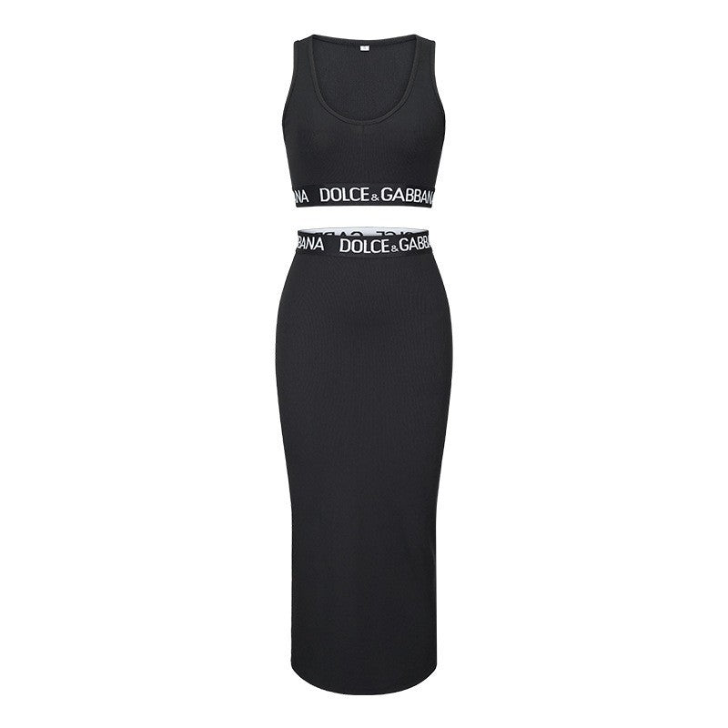 European and american summer new fashion casual tank top high waist bodycon maxi skirt letter print ribbon casual two-piece set for women