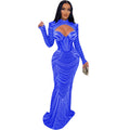 C6170 cross-border   fashion women's solid color hotfix rhinestone mesh long sleeve v-neck dress