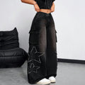 American retro distressed workwear loose jeans women's raw edge star patch multi-flap pocket pantshigh waistdraped floor length pants