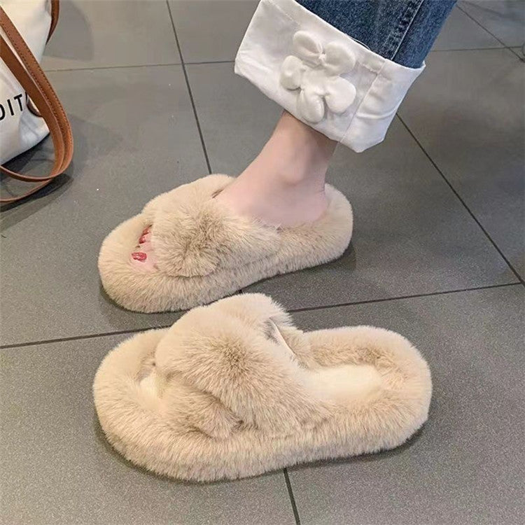 Thick sole fur slippers for women 2023new arrivalwinteroutwearpopularfashion cotton slippers classy sense plaid fur shoes