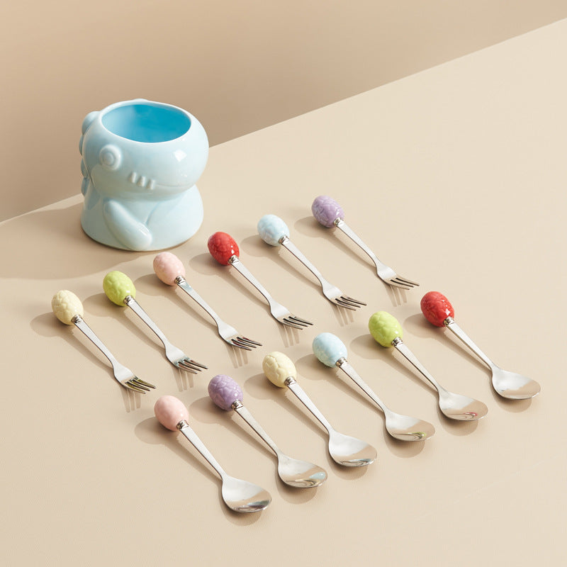 Cute dinosaur cartoon high-value ceramic cute fruit fork box stainless steel fruit fork suit afternoon tea spoon combination