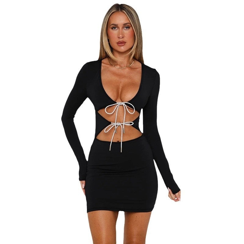European and American style sexy woman temperament dress fine flash lace-up hollow navel party slim fit long sleeve hip wrap skirt