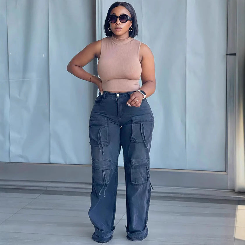 European and american style high-waisted jeans -  cross-border women's fashion trendy multi-pocket straight-leg cargo casual pants