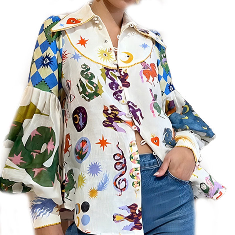 cross-border european and american women's clothing: new summer collection - graffiti print, turn-down collar, lantern sleeve, loose fit, slimming long-sleeve shirt