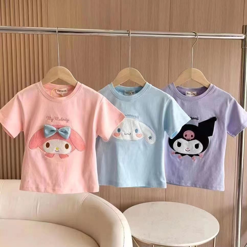 Hot-selling cross-border new arrivals: girls' short-sleeve t-shirts for summer, featuring my melody, cinnamoroll, and kuromi cartoon designs on cotton tops