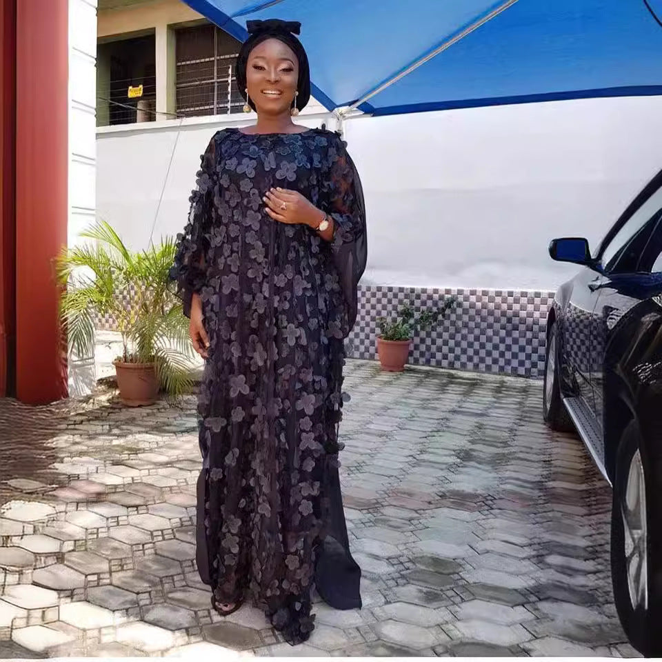 African women's dress 3d embroidered floral mesh round neck batwing sleeve loose plus size robe + vest maxi dress