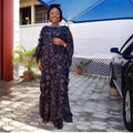 African women's dress 3d embroidered floral mesh round neck batwing sleeve loose plus size robe + vest maxi dress