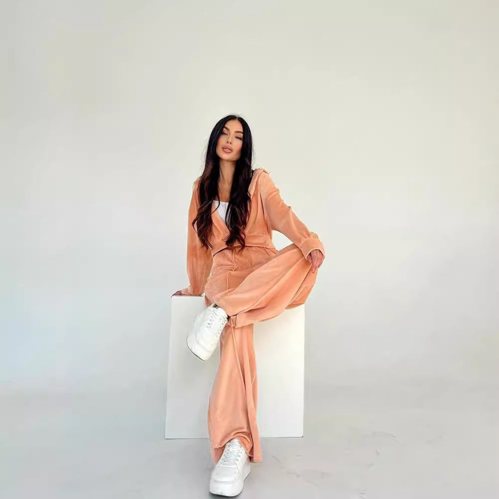 European and American new  suit fashion long-sleeved short hooded sweater cardigan trousers suit casual women's clothing