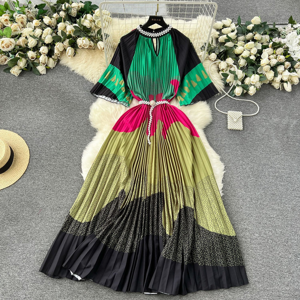 European style plus size women's high-end printed, heavily beaded, pleated long formal dress with pleated skirt - elegant women's dress