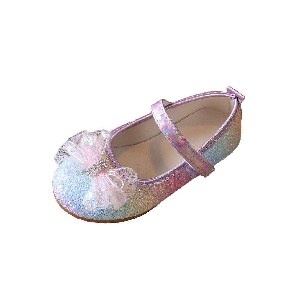 new gradient rainbow sequin girls' princess shoes - mesh rhinestone bow velcro soft sole kids' shoes
