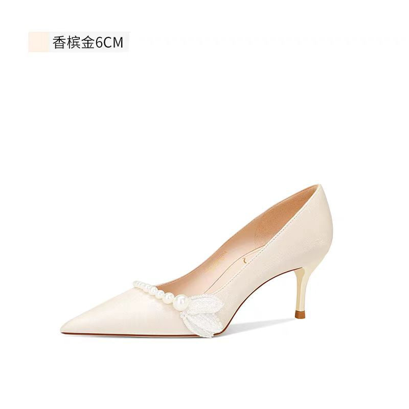 Pearl red wedding shoes! niche style elegant suede bridal xiuhe shoes engagement dinner with cheongsam bridesmaid high heels