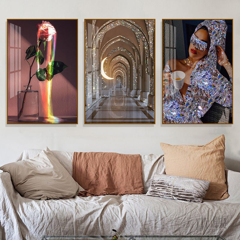 Modern light luxury decorative painting flash diamond figure art clothing store fashion hanging painting bedroom living room paris architecture mural